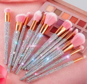 12 pc Bedazzled Bling Makeup Brush Set Silver