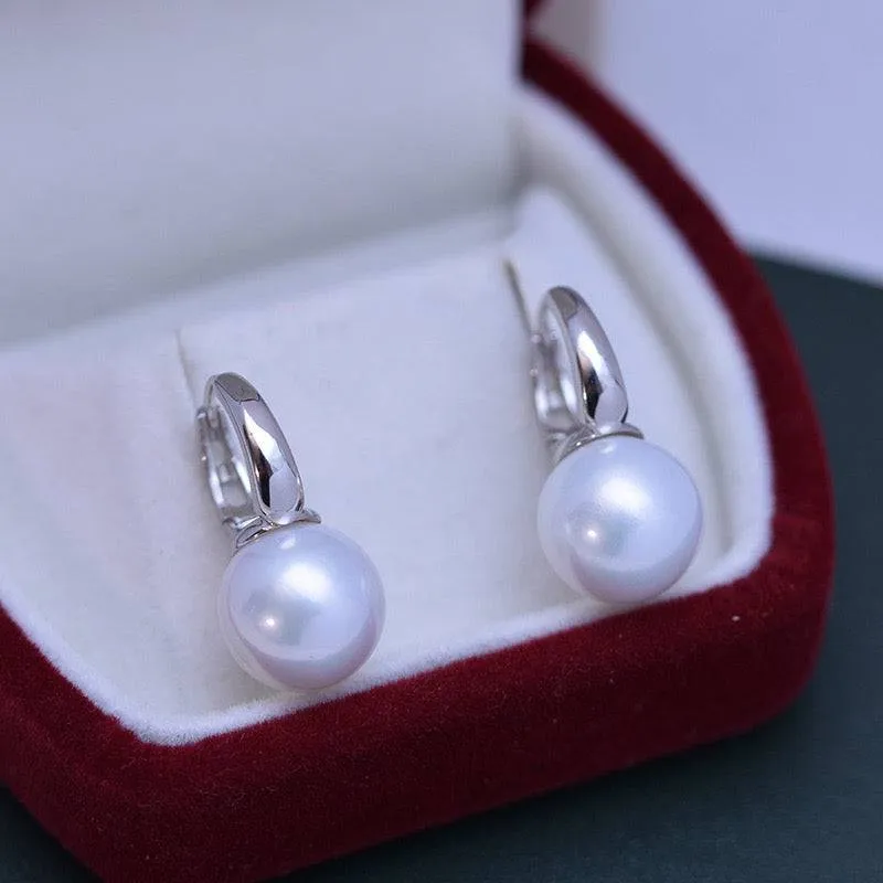 9-10mm Round Hoop Freshwater Pearl Earrings Sterling Silver