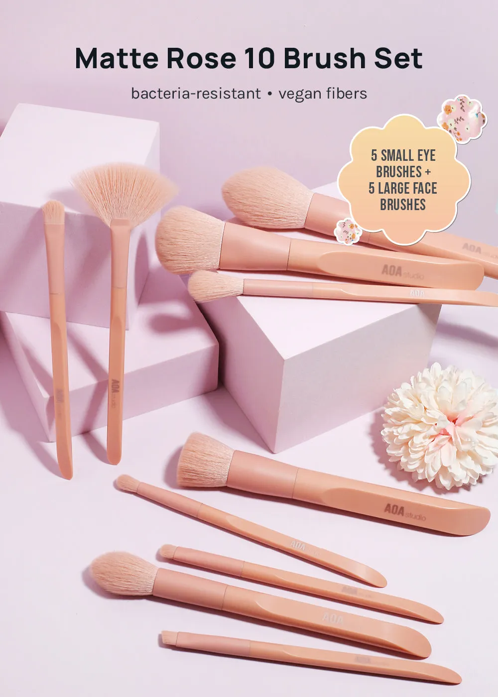 AOA Matte Rose Brush Set   Satin Travel Roll