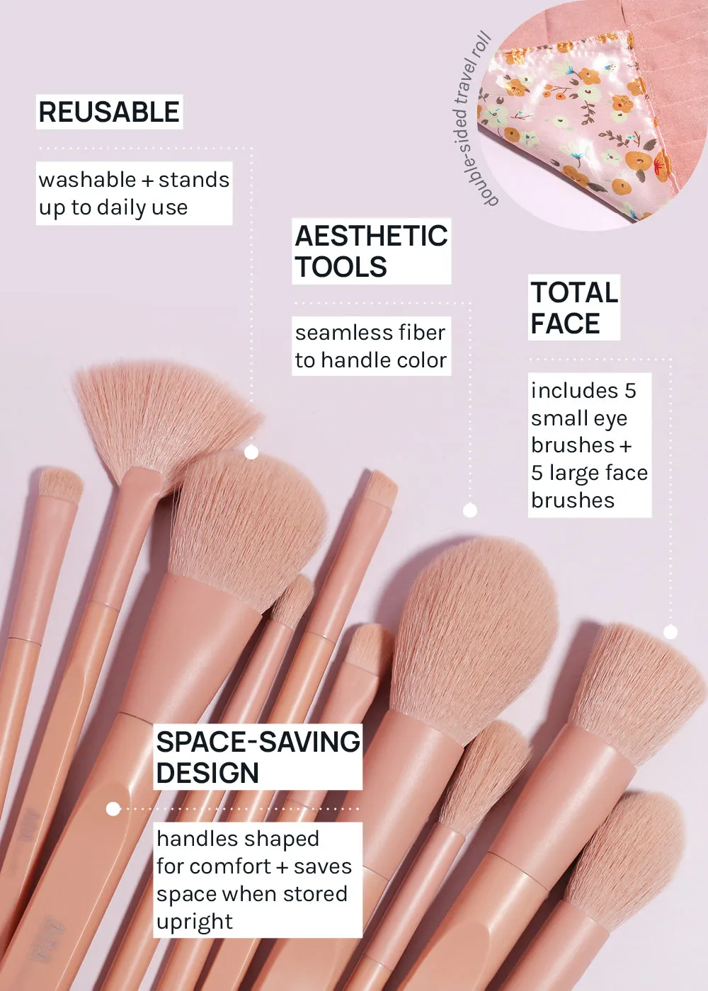 AOA Matte Rose Brush Set   Satin Travel Roll