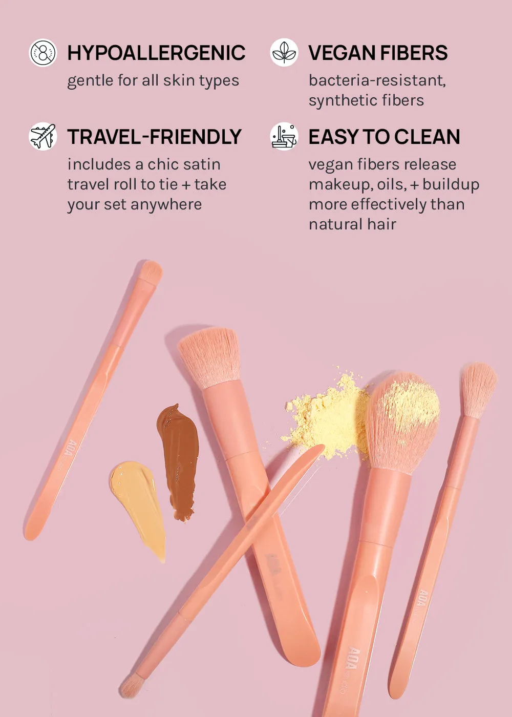 AOA Matte Rose Brush Set   Satin Travel Roll