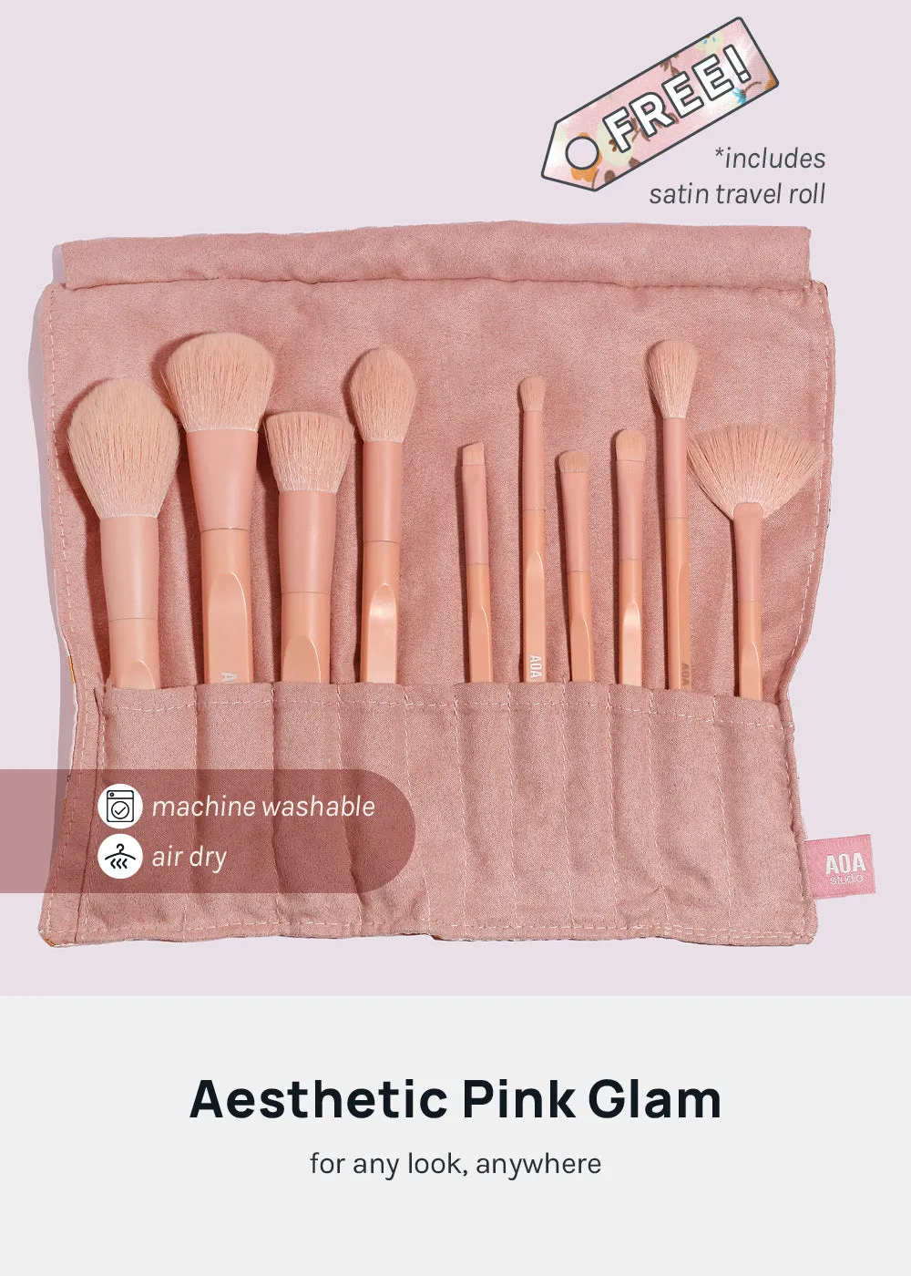 AOA Matte Rose Brush Set   Satin Travel Roll