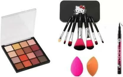 Bingeable HRK-102(1) Mini Eye Shadow Palette & Professional Set of 7 Makeup Brush & 2 Pcs Makeup Sponges Blender Puff& 36h Eyeliner (11 Items in the set)