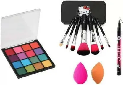 Bingeable HRK-102(2) Mini Eye Shadow Palette & Professional Set of 7 Makeup Brush & 2 Pcs Makeup Sponges Blender Puff& 36h Eyeliner (11 Items in the set)