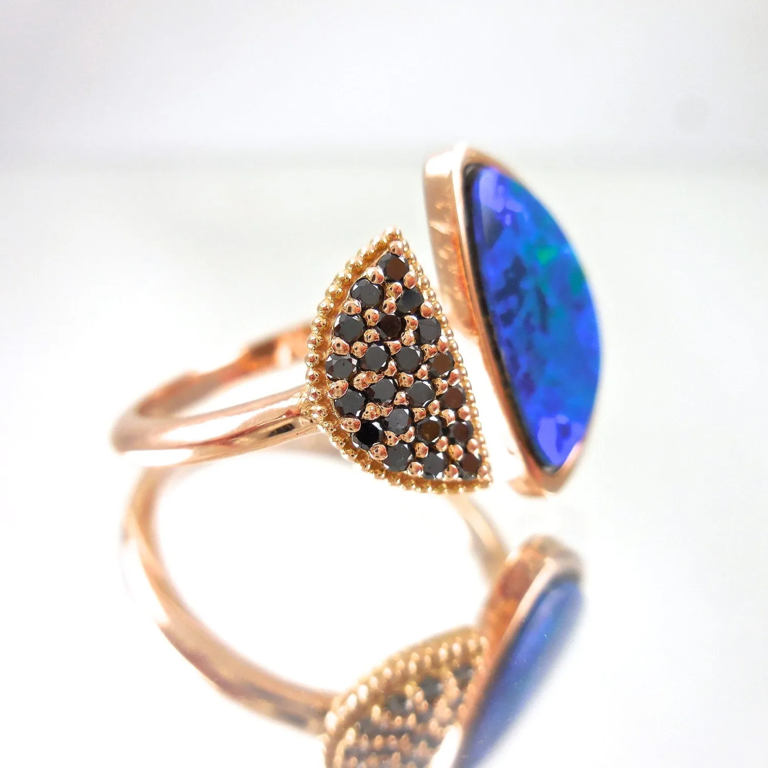 Blue Australian Opal Ring 14k Rose Gold - Genuine Opal Ring