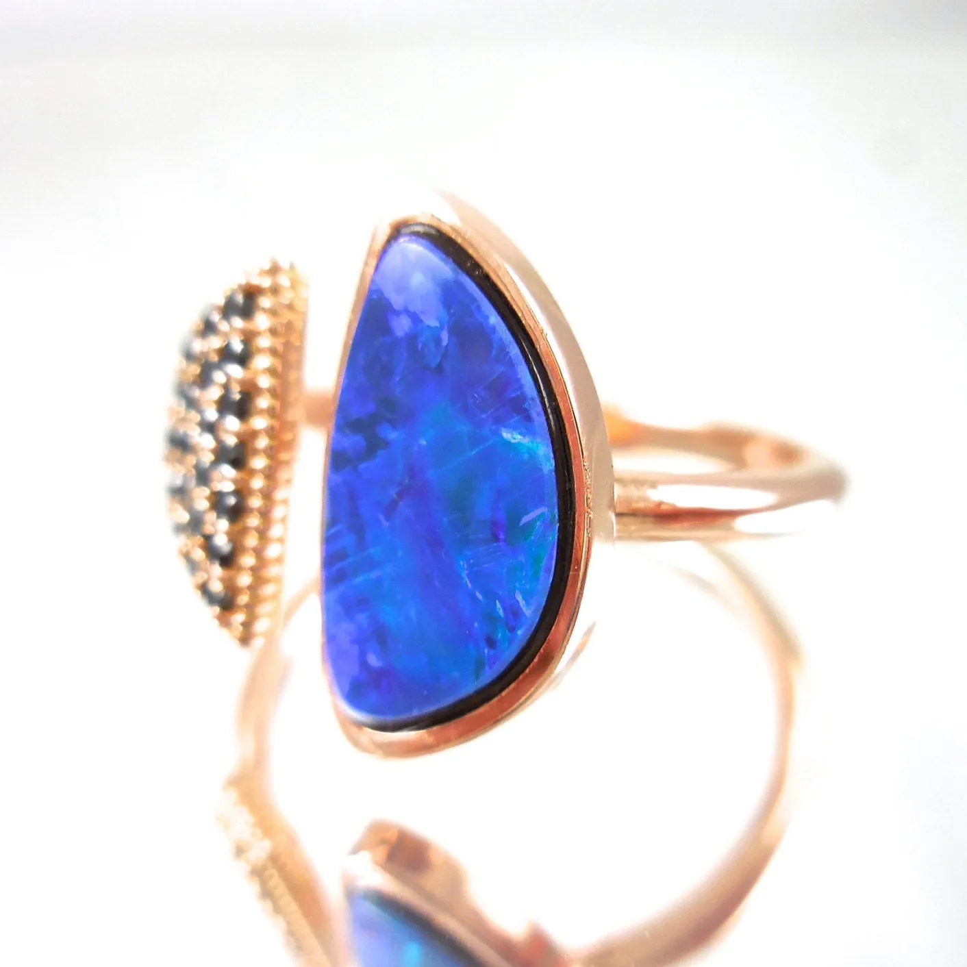 Blue Australian Opal Ring 14k Rose Gold - Genuine Opal Ring