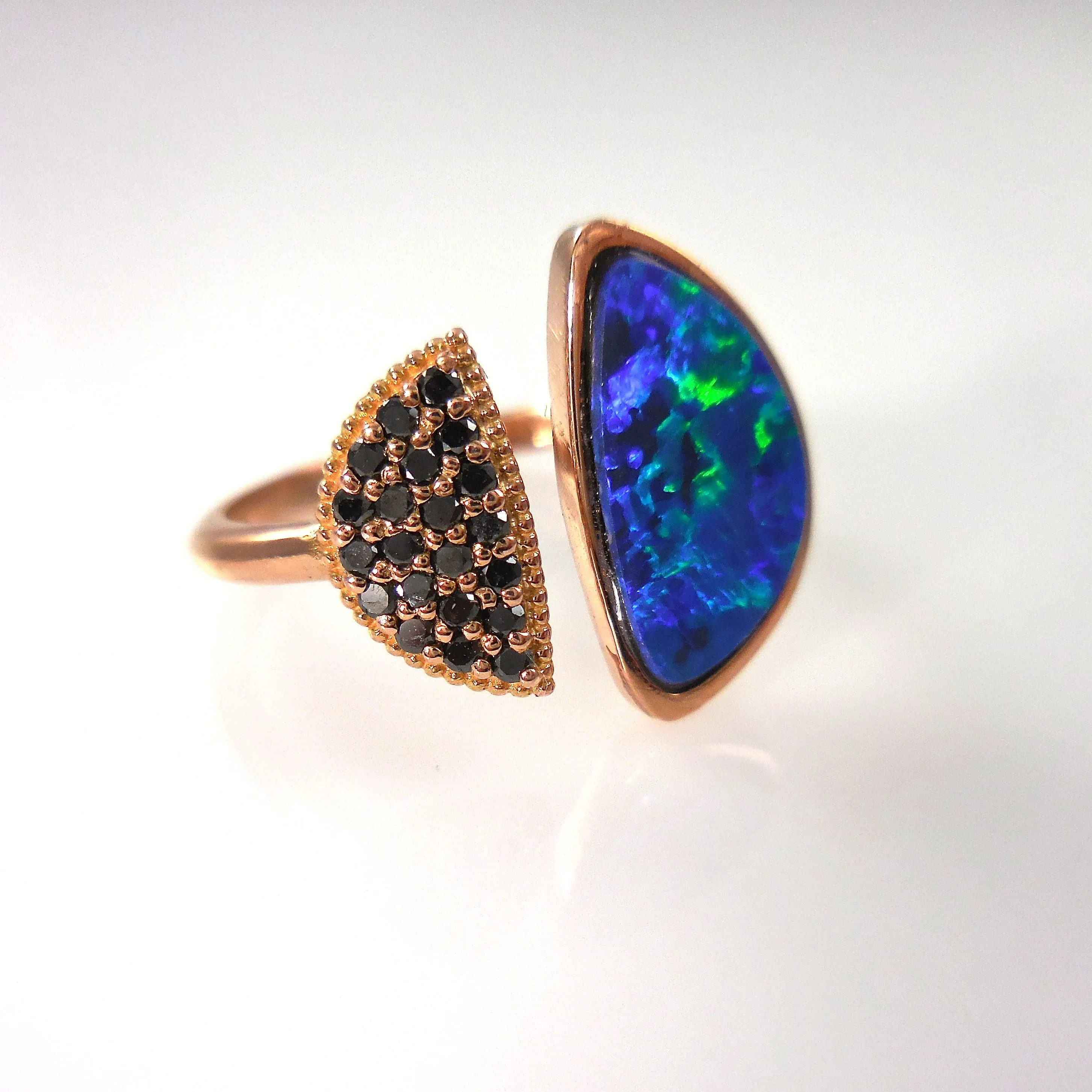 Blue Australian Opal Ring 14k Rose Gold - Genuine Opal Ring