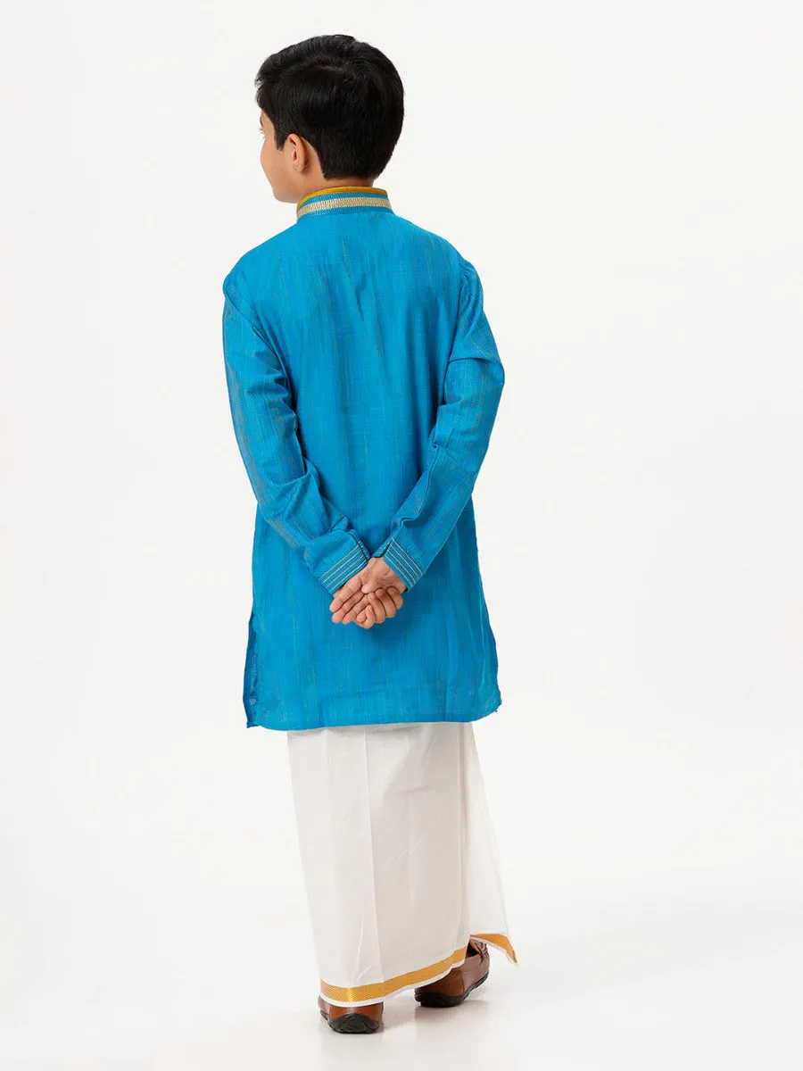 Boys Cotton Embellished Neckline Full Sleeves Sky Blue Kurta with Dhoti Combo