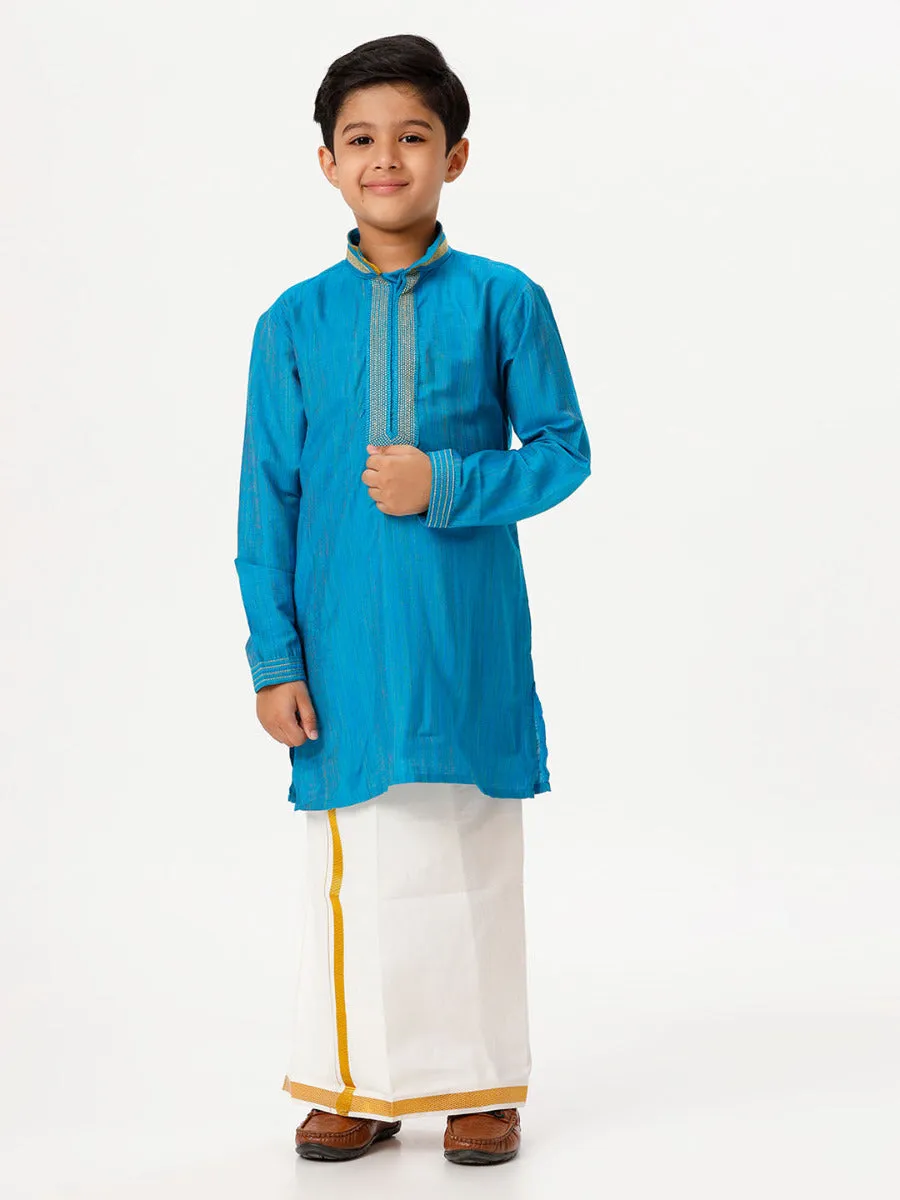 Boys Cotton Embellished Neckline Full Sleeves Sky Blue Kurta with Dhoti Combo