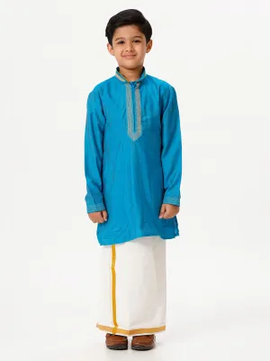 Boys Cotton Embellished Neckline Full Sleeves Sky Blue Kurta with Dhoti Combo