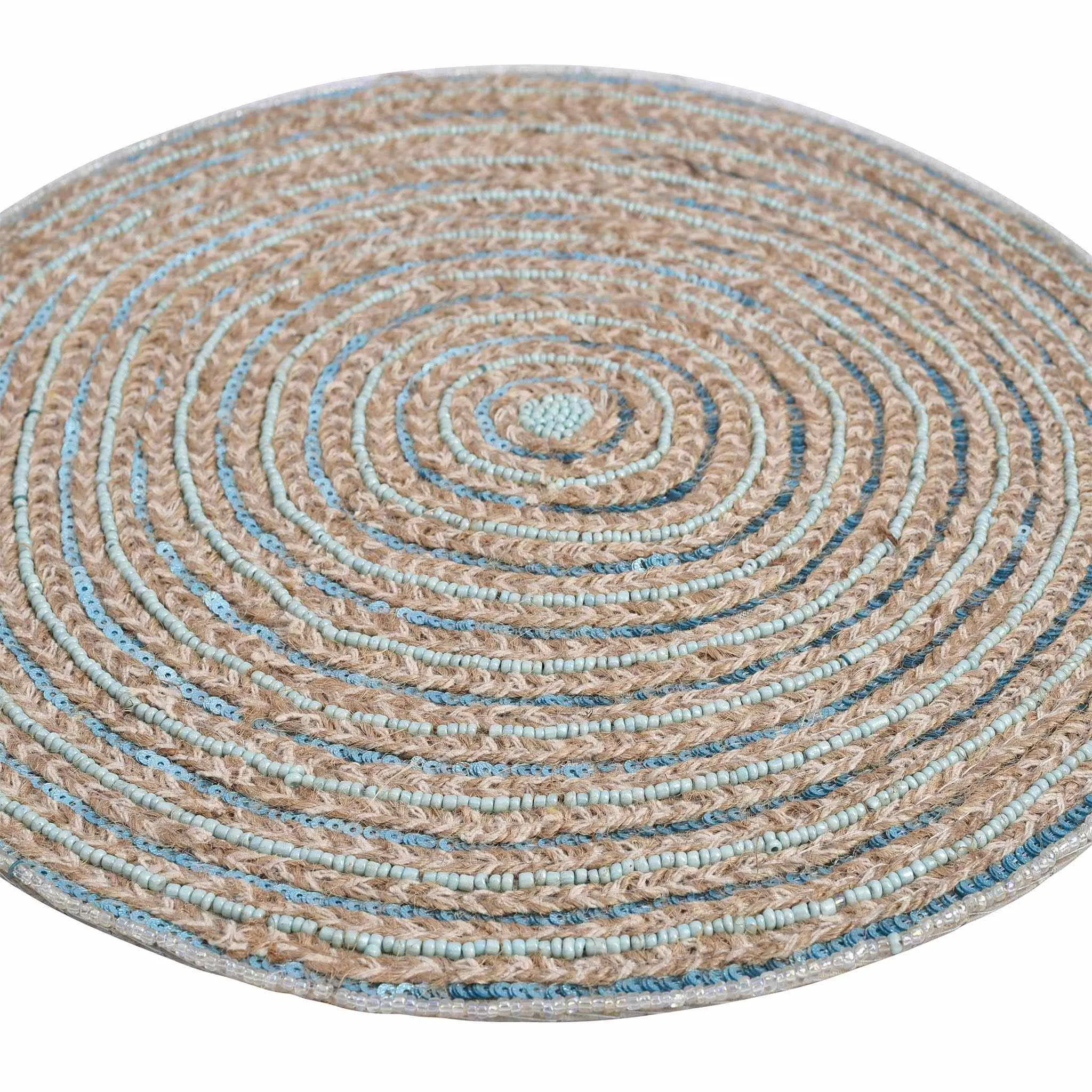 Braided Natural Jute Beaded Placemat in Teal, Set of 2