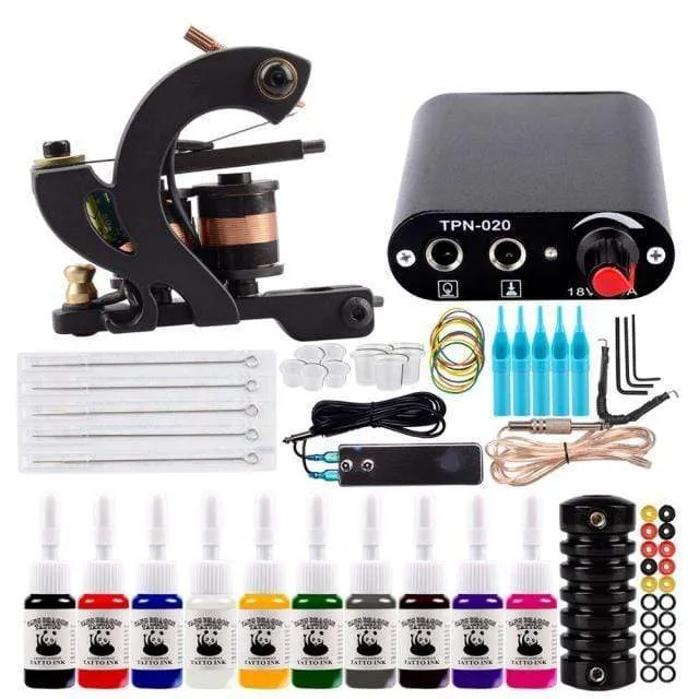 Complete Tattoo Machine Set With Ink Power Supply Grips Tattoo Supplies Beginners Body Art Makeup Tattoo Kit Accessories Tools