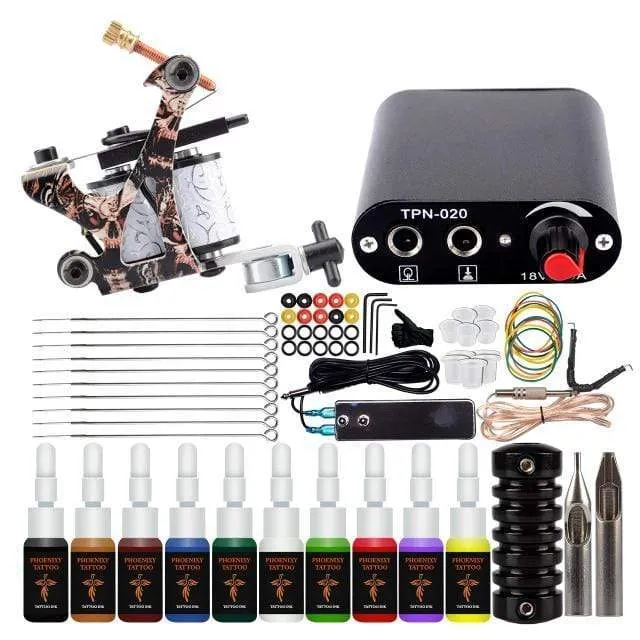 Complete Tattoo Machine Set With Ink Power Supply Grips Tattoo Supplies Beginners Body Art Makeup Tattoo Kit Accessories Tools