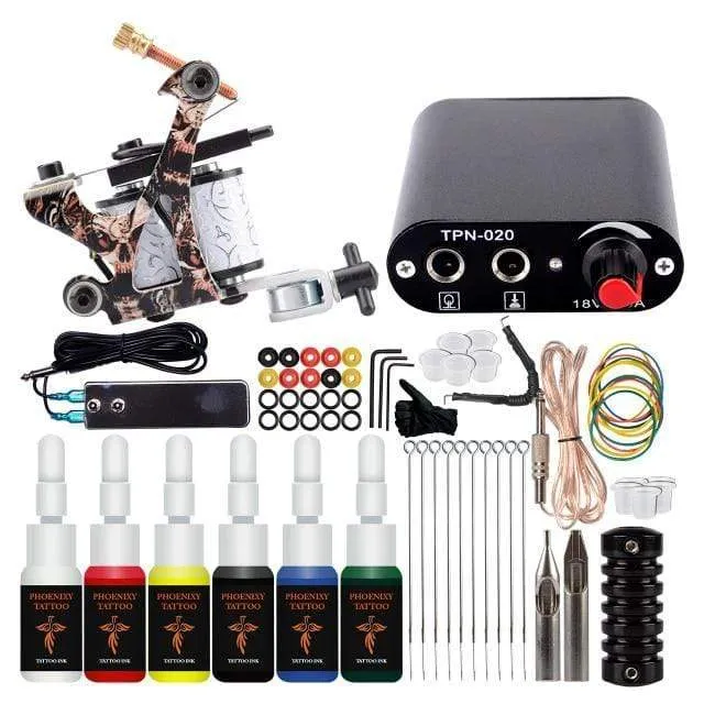 Complete Tattoo Machine Set With Ink Power Supply Grips Tattoo Supplies Beginners Body Art Makeup Tattoo Kit Accessories Tools