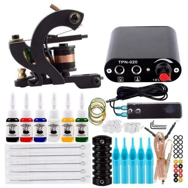 Complete Tattoo Machine Set With Ink Power Supply Grips Tattoo Supplies Beginners Body Art Makeup Tattoo Kit Accessories Tools