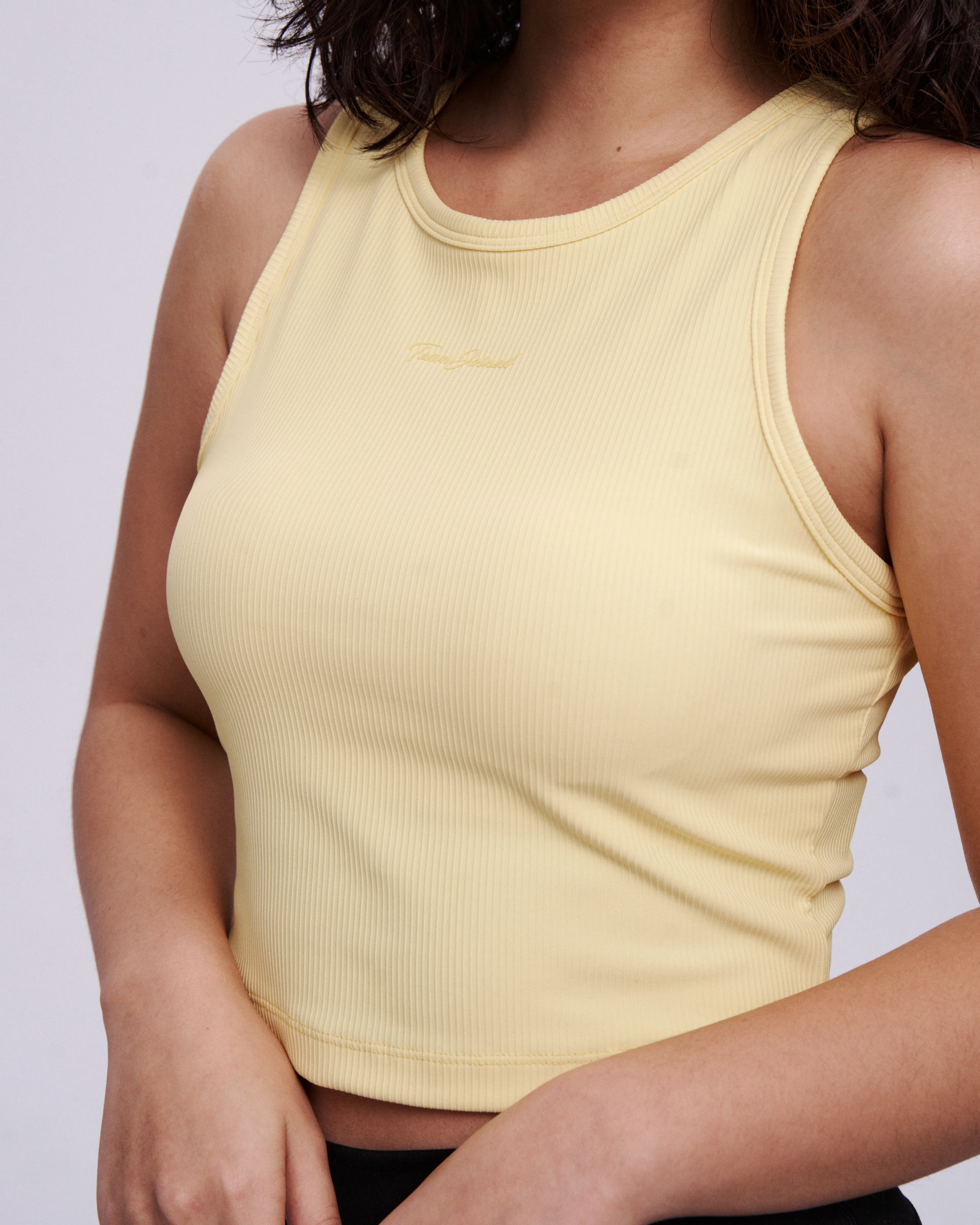 Cut-Shoulder Ribbed-Neck Bra Crop Tank