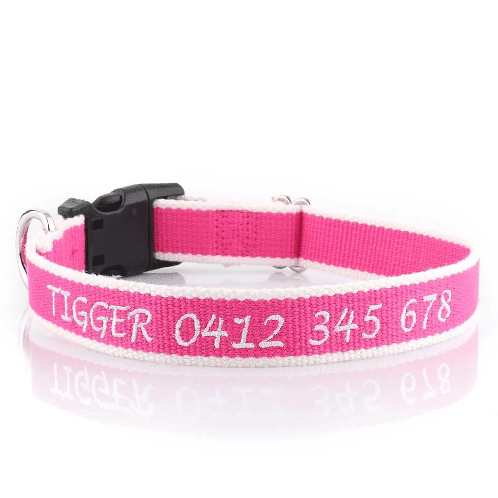 Embroidered Organic Bamboo - Personalised Dog Collar: CHOICE of METAL or PLASTIC BUCKLE