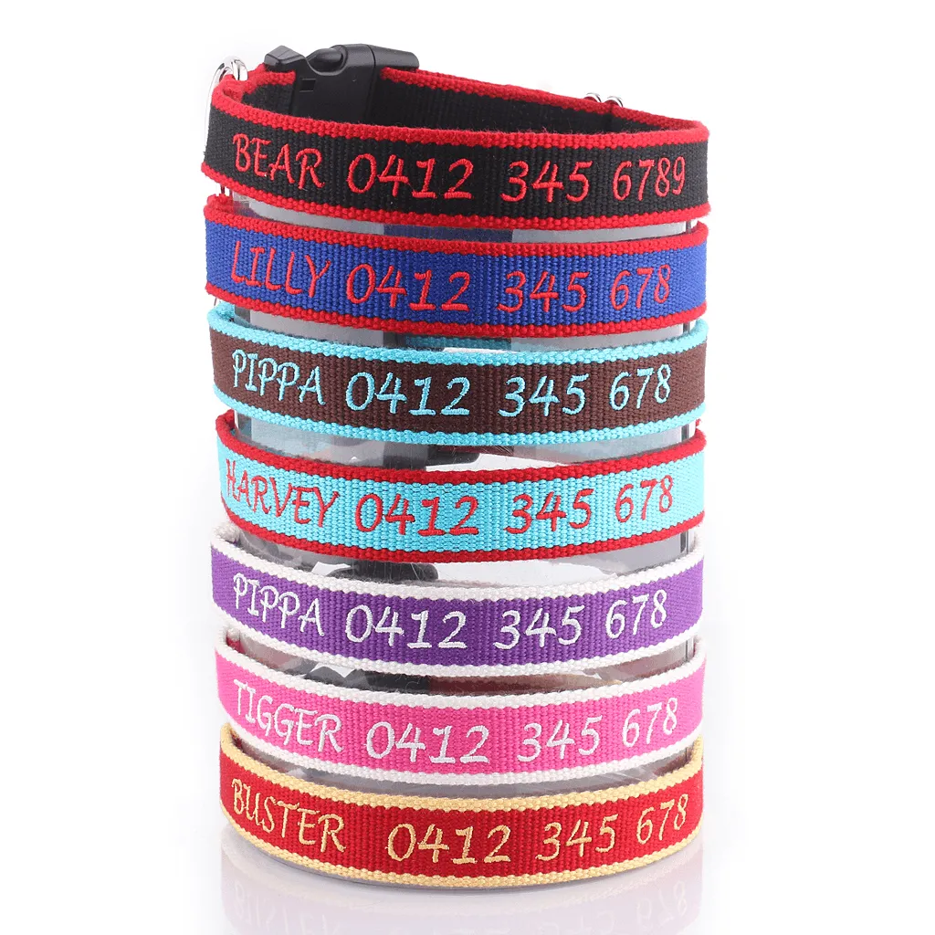 Embroidered Organic Bamboo - Personalised Dog Collar: CHOICE of METAL or PLASTIC BUCKLE