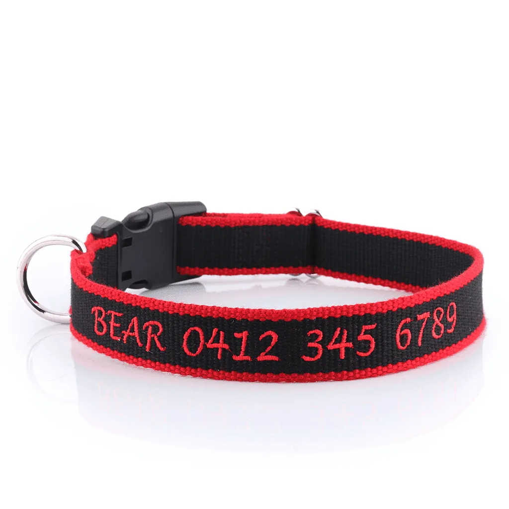 Embroidered Organic Bamboo - Personalised Dog Collar: CHOICE of METAL or PLASTIC BUCKLE