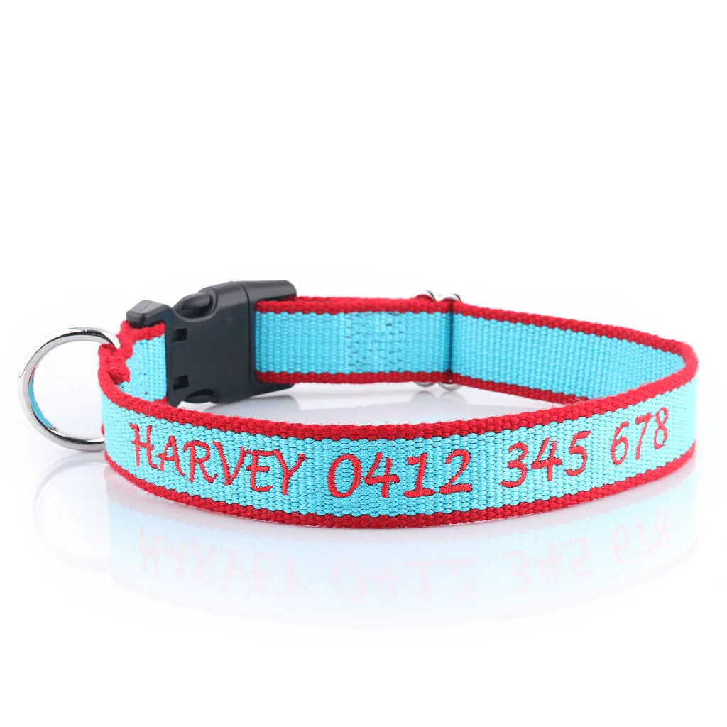 Embroidered Organic Bamboo - Personalised Dog Collar: CHOICE of METAL or PLASTIC BUCKLE