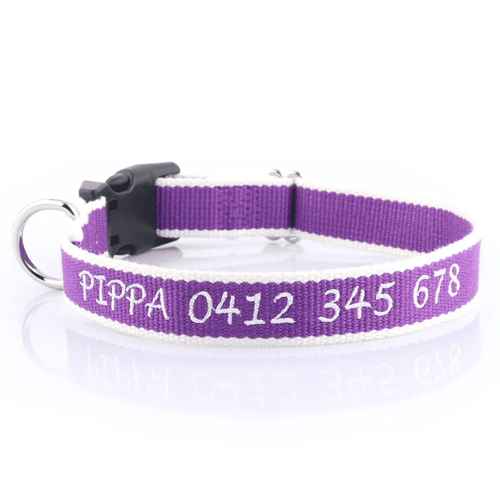 Embroidered Organic Bamboo - Personalised Dog Collar: CHOICE of METAL or PLASTIC BUCKLE