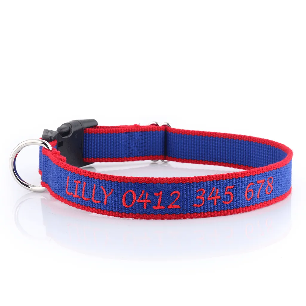 Embroidered Organic Bamboo - Personalised Dog Collar: CHOICE of METAL or PLASTIC BUCKLE