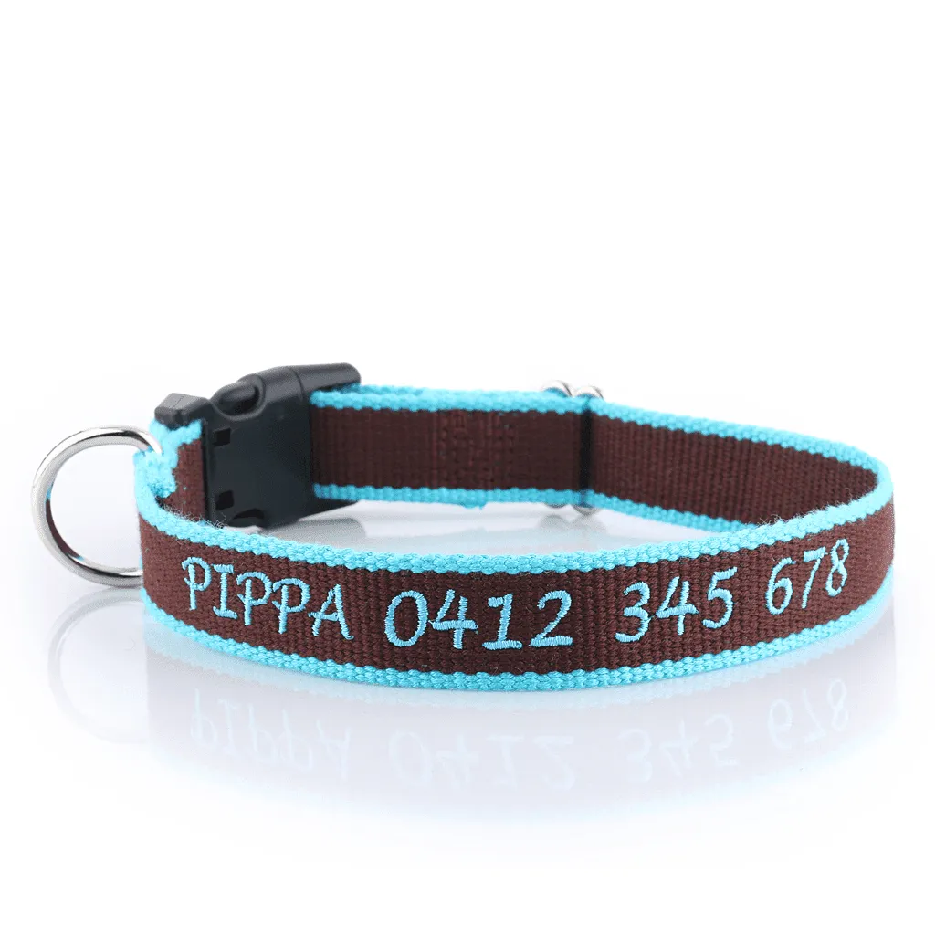 Embroidered Organic Bamboo - Personalised Dog Collar: CHOICE of METAL or PLASTIC BUCKLE