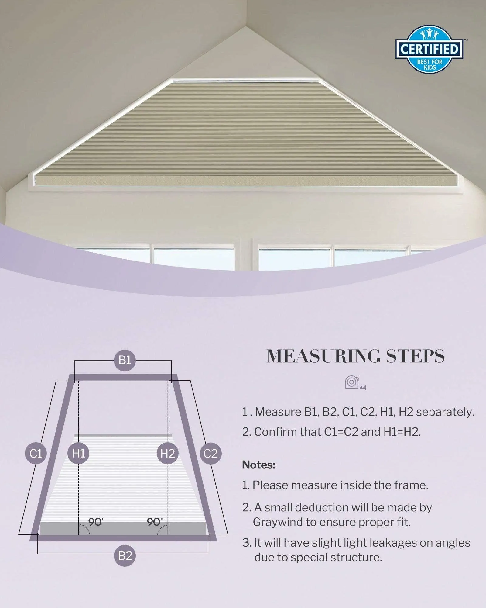 Graywind Rechargeable Motorized Angled Window Shades | Isosceles Trapezoid Window Shades | Customizable