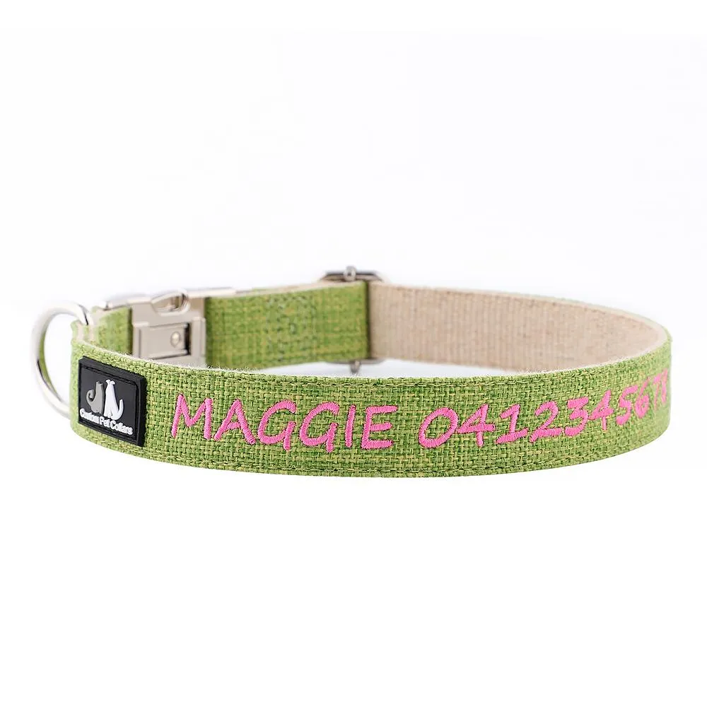 Hemp Dog Collar - Personalised Classic Embroidered, Metal or Plastic Buckle