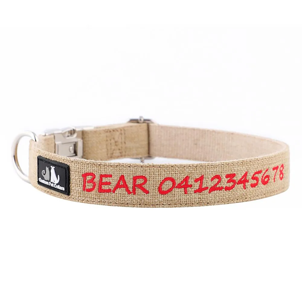 Hemp Dog Collar - Personalised Classic Embroidered, Metal or Plastic Buckle