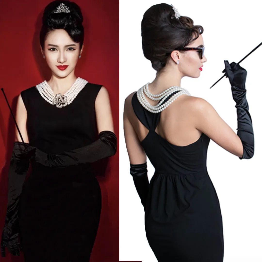 Holly Golightly Halloween Costume 5 Piece Jewelry and Accessories Set Tiara Necklace Earrings Long Satin Gloves Functional Cigarette Holder