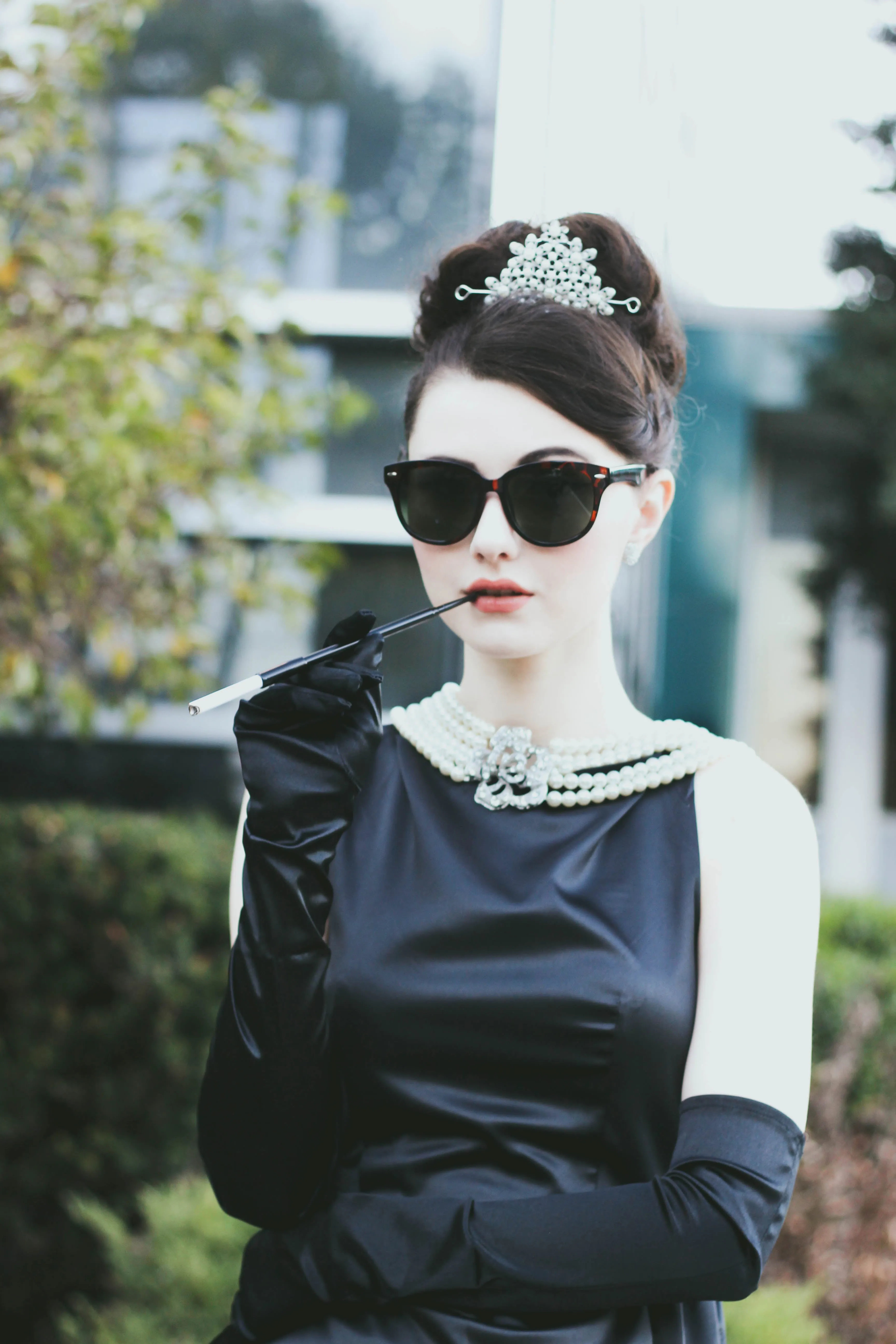 Holly Golightly Halloween Costume 6 Piece Jewelry and Accessories Set Tiara Necklace Earrings Long Satin Gloves Functional Cigarette Holder Sunglasses