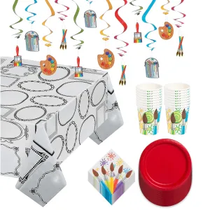 Little Artist Party Pack - Red Paper Plates, Napkins, Cups, Table Cover, and Hanging Cutouts Set (Serves 16)