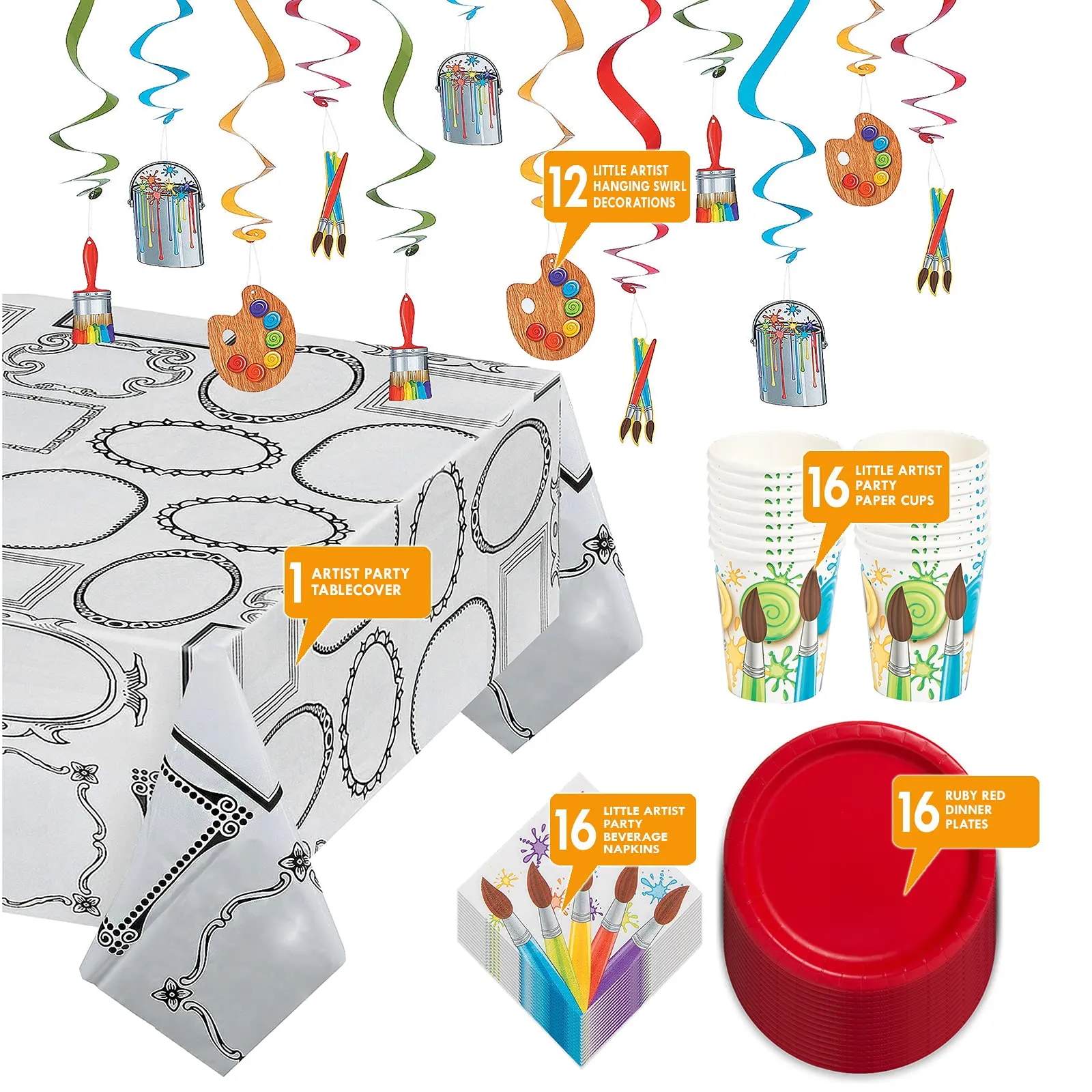 Little Artist Party Pack - Red Paper Plates, Napkins, Cups, Table Cover, and Hanging Cutouts Set (Serves 16)