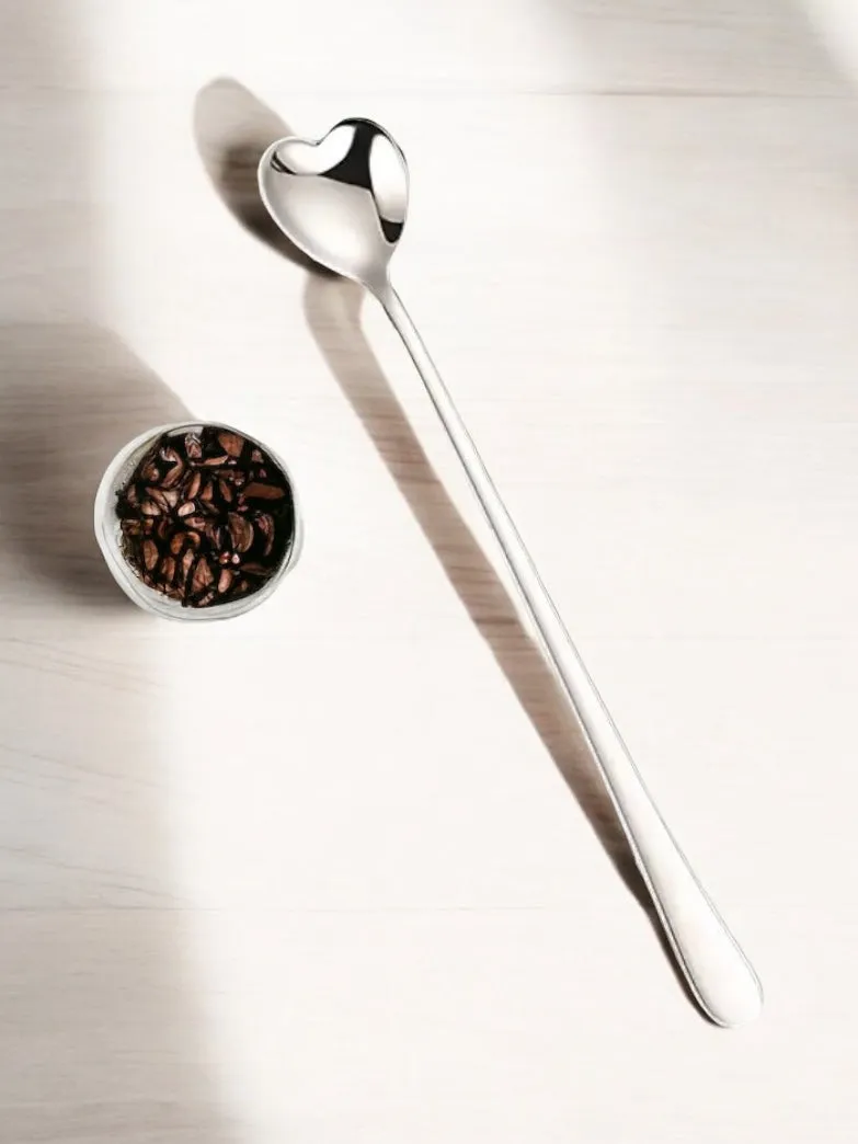 Long Latte Coffee Spoon Silver Hearts - Set of Two