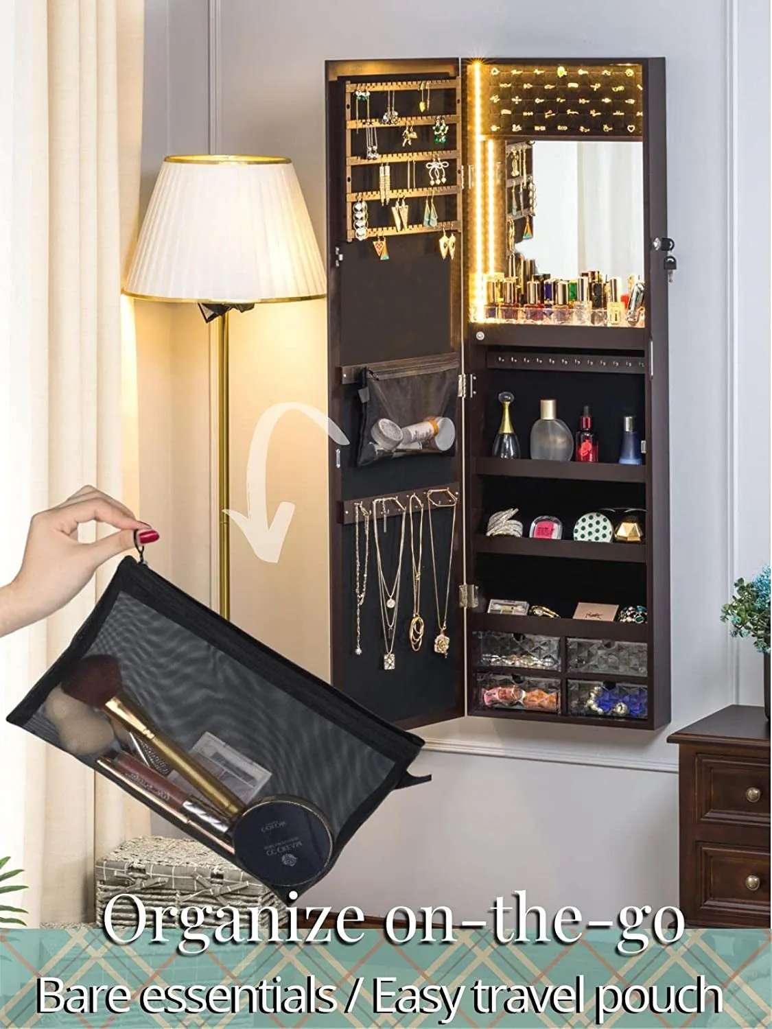 Stella 8s Tiny Wall Mounted Jewelry Armoire With Interior LED Lights - Espresso